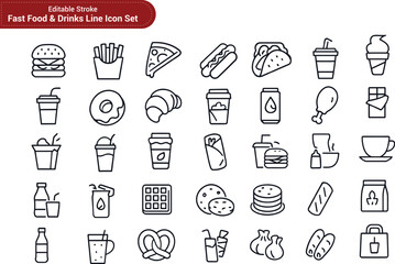 Fast Food & Drink Line Icons – Outline Vector Set