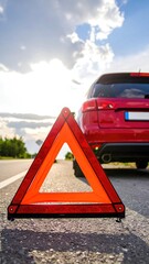 Broken-down car on the side of a road with a warning triangle