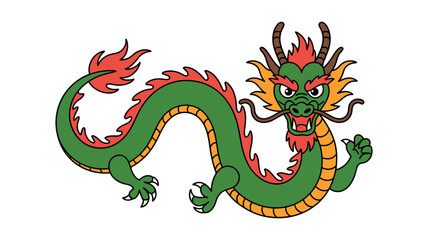 Stylized green dragon with red and orange accents on a white background