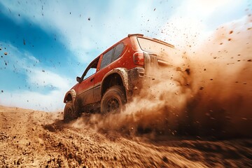 Red SUV driving through desert landscape kicking up dust in an off-road adventure