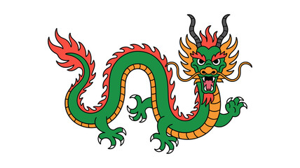 Stylized green dragon with red and orange accents on a white background
