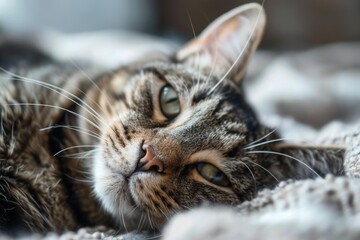 European shorthair cat resting on a cozy blanket, enjoying a moment of tranquility