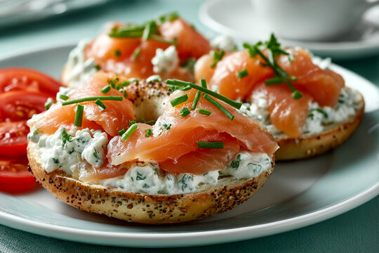 Multigrain Bagel Halves Topped with Smoked Salmon and Cream Cheese