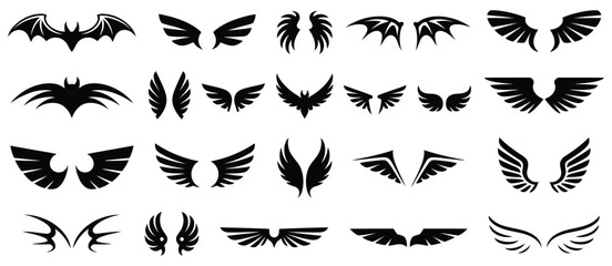 Naklejka premium Wing icon set with bird, eagle, bat, and angel designs in detailed and minimalist styles, perfect for fantasy artwork, tattoos, branding, and emblem design