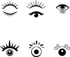 Artistic Eye Vector Icons Featuring Closed Lashes, Spiked Lines, Decorative Curls, Abstract Iris and Expressive Shapes