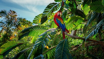 a vibrant tropical scene with a colorful parrot perched in a tree filled with lush green leaves