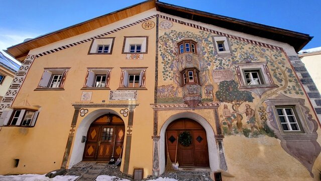 Typical painted Engadine house in Ardez, Engadin, Switzerland