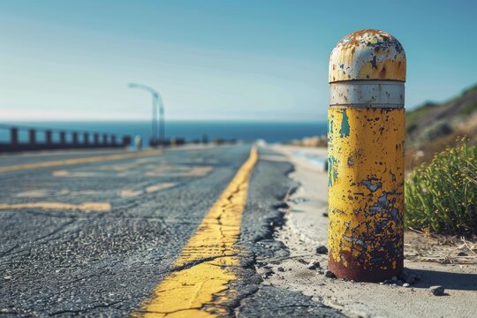 Close up of a weathered yellow and rusty bollard on a cracked asphalt coastal road, overlooking the sea