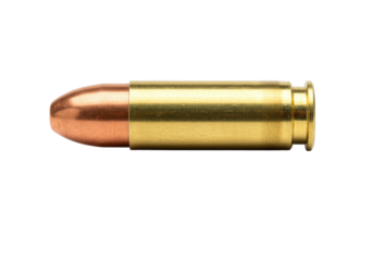 A single, modern handgun cartridge with a copper full metal jacket bullet and polished brass casing, precisely horizontal against a clean white background with shadowless studio light. Ammunition and