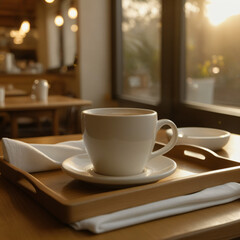 warm cafe scene with coffee cup and latte on wooden tray in golden sunset lighting