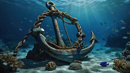 Rusty anchor, tangled chain, submerged in coral reef. Sunlight beams through water.  Fish swim near