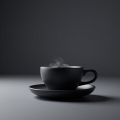 elegant black ceramic coffee cup with saucer on dark matte background in soft lighting
