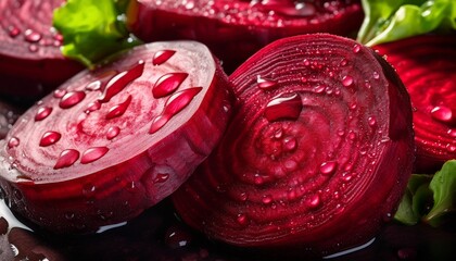 fresh beetroot slices close up with water drops