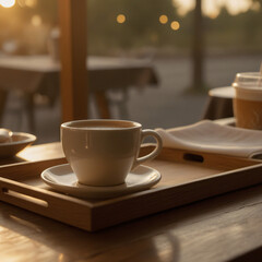 Fototapeta premium warm cafe scene with coffee cup and latte on wooden tray in golden sunset lighting