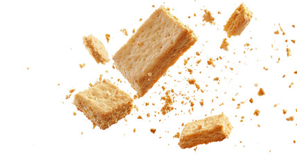 Crispy biscuit crumbs flying in mid air with golden texture and scattered particles isolated on white background
