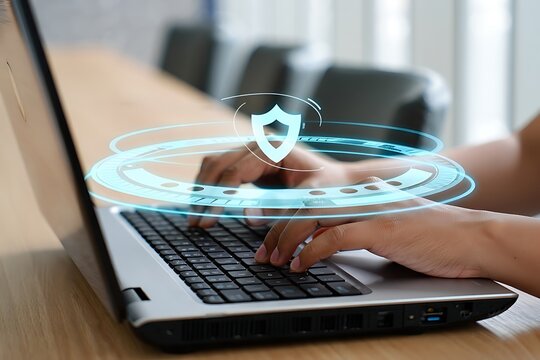 Person typing on a laptop with a glowing blue digital shield and circular interface overlay representing cybersecurity and data protection in a modern office setting - Powered by Adobe