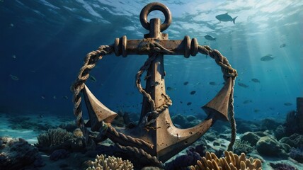 Underwater anchor, coral reef, sunlight