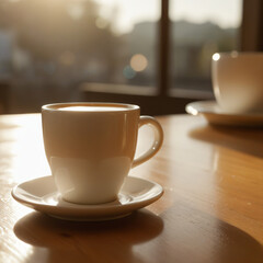 minimalist white coffee cup on wooden table in soft natural light with peaceful atmosphere