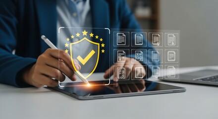 A digital tablet displays cybersecurity and data protection