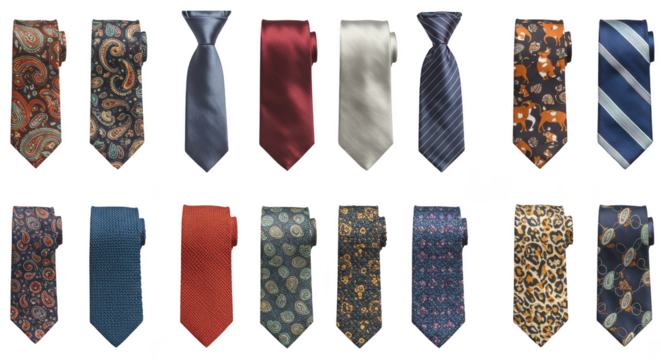 Photo of an array of stylish mens ties in various patterns and colors isolated on transparent background