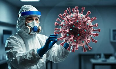 A person in protective gear examines a 3D model of a virus - Powered by Adobe
