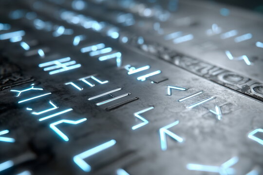 glowing alien script projected holographically onto a smooth brushed metal panel, futuristic interface with circuit-like engravings, alien tech.