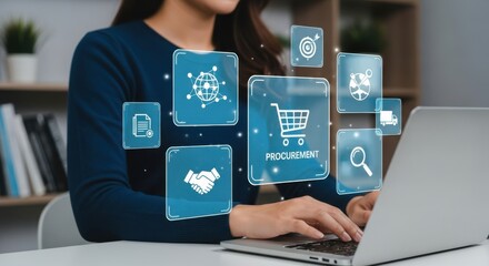 A woman is working on procurement with a laptop
