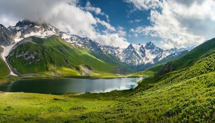 Fototapeta premium panoramic summer mountain landscape with a serene lake green valleys and snow capped peaks under a cloudy sky