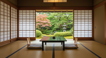 Naklejka premium A serene traditional Japanese tatami room featuring an open shoji door overlooking a tranquil Zen garden with lush greenery and a stone lantern. Minimalist interior with a low table and tea set.