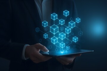 Businessman interacting with a futuristic digital network of glowing cubes