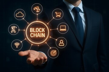 Businessman presenting blockchain technology and its diverse applications with glowing icons