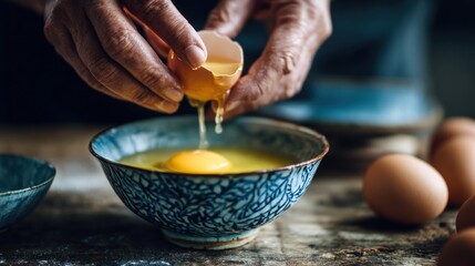 Hands cracking an egg over a bowl