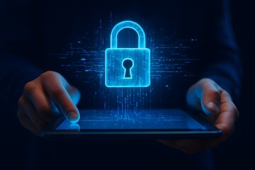 Digital security lock on tablet with glowing circuitry and human touch