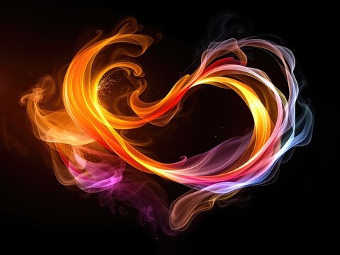 Abstract flowing strands intertwine, creating a form reminiscent of affection, bathed in luminous colors against a dark setting