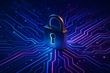Digital security padlock on glowing cyber circuit board network