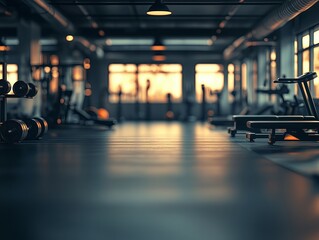 Fototapeta premium A spacious gym is filled with various exercise equipment, bathed in soft, natural light from large windows. The organized layout and modern facilities create an inviting and motivating atmosphere.