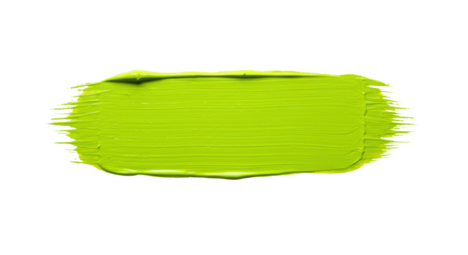 Wide, vibrant lime green paint brush stroke with textured lines and sharp contours, isolated on a transparent background with copy space, clean studio lighting, top-down view, graphic design