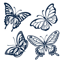 Fototapeta premium Four Dark Blue Butterfly Icons Set Line Art Design