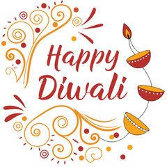 Happy Diwali Text with Orange and Red Oil Lamps Festive Design