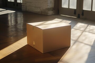 Single cardboard box placed on hardwood floor in sunlit room, creating moving or storage concept