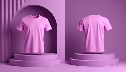 Two pink shirts displayed on matching platforms with lilac backdrop.