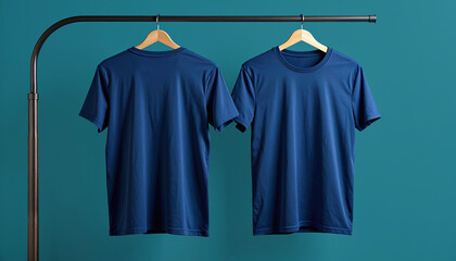 Two casual shirts hanging from a rack, against a teal wall background