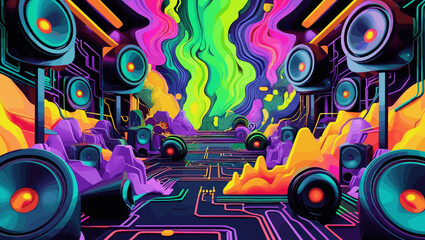 Vibrant music-themed environment with colorful speakers and abstract soundwaves creating an energetic atmosphere