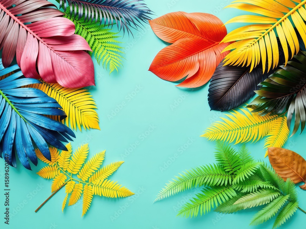 Fototapete assorted colorful foliage creates a vibrant border around a light turquoise backdrop with space for 