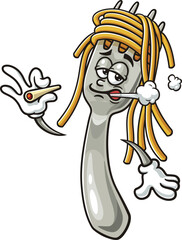 Cartoon character of spaghetti on a fork is smoking