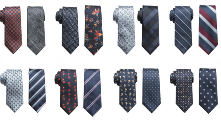 Photo of a diverse collection of mens ties featuring stripes, florals, and geometric patterns isolated on transparent background