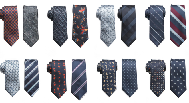 Photo of a diverse collection of mens ties featuring stripes, florals, and geometric patterns isolated on transparent background