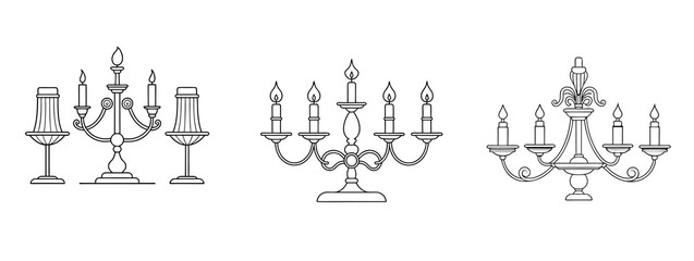 Outlined collection of ornate chandeliers with candles.