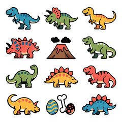 Vector art of a charming collection of cartoon dinosaurs and prehistoric icons isolated on a white background
