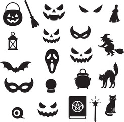 Halloween Silhouette Element Set Vector, Halloween silhouette elements including ghost, bat, pumpkin, witch hat, black cat, and spooky tree. Perfect for seasonal decorations, invitations, and stickers